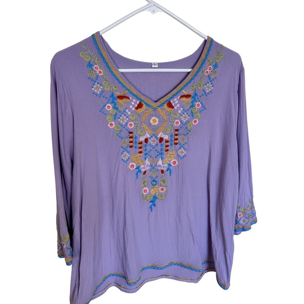 Bohemian Lavender Embroidered Top Blouse Womens Large Purple V Neck Rayon